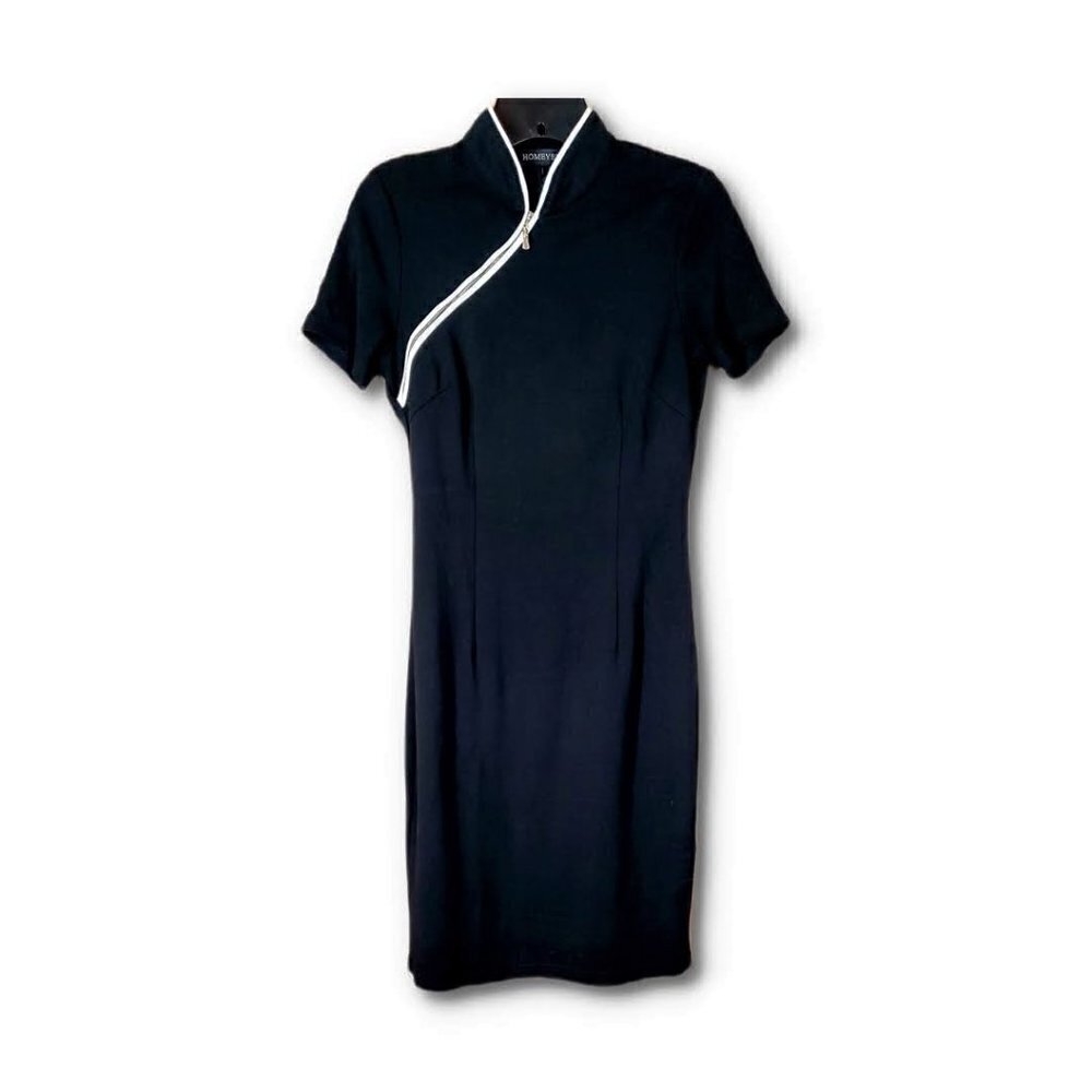 💎189 Homeyee Short Sleeve Retro Zip Detail Black Dress